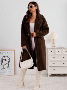 Abrigo Mullido Para Mujer Con Solapas Grandes Y Botones,Abrigos de Pieles Unicolor Moda Y Cálido En Invierno. - Marrón - Ver 6