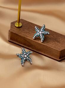 1pair Geometric Pearl & Starfish Design Earrings, Suitable For Spring And Summer Daily Wear For Women - Antique Silver - View 4
