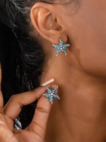 1pair Geometric Pearl & Starfish Design Earrings, Suitable For Spring And Summer Daily Wear For Women - Antique Silver - View 2
