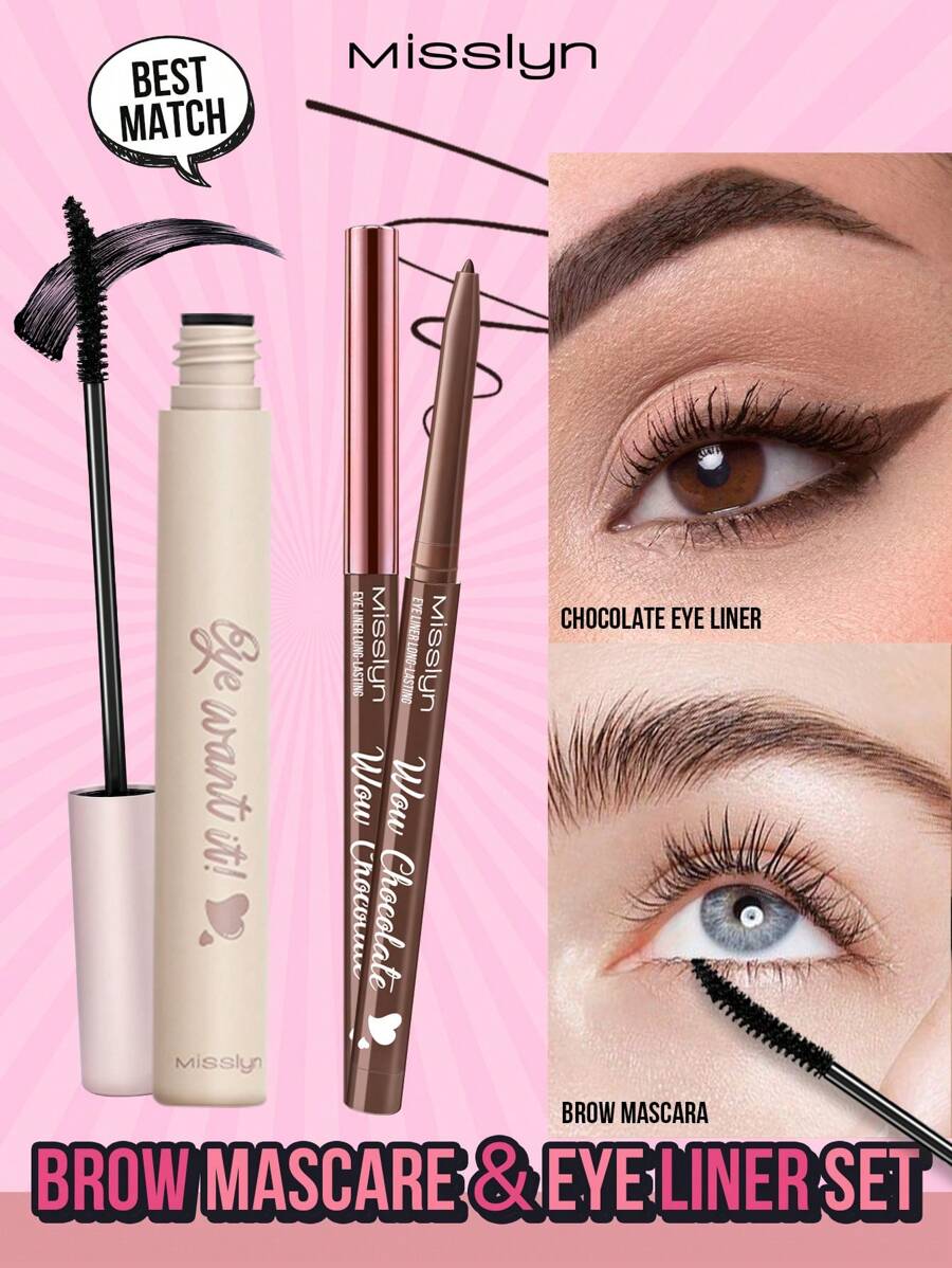 Misslyn CONJUNTO DE MÁSCARA DE SOBRANCELHA E EYELINER À prova d'água, marrom, volumizante, edificável, cria sobrancelhas cheias e volumosas, fixa os pelos da sobrancelha no lugar, com infusão de fibra, cremoso, ultrapigmentado e à prova d'água, cria linhas ousadas e definidas, vegano e crueldade- Livre - Castanho - Visão 1