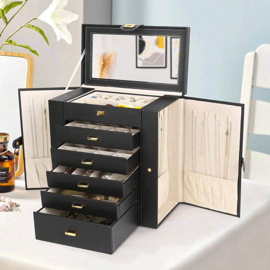 Extra Large Jewelry Box For Women, Jewelry Case PU Leather(Black), 6 Tier 5 Drawers Large Storage Capacity With Mirror Jewelry Storage Organizer Great Gift Also Good For Watches