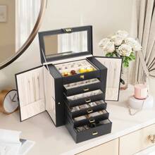 Extra Large Jewelry Box For Women, Jewelry Case PU Leather(Black), 6 Tier 5 Drawers Large Storage Capacity With Mirror Jewelry Storage Organizer Great Gift Also Good For Watches - Black - View 4
