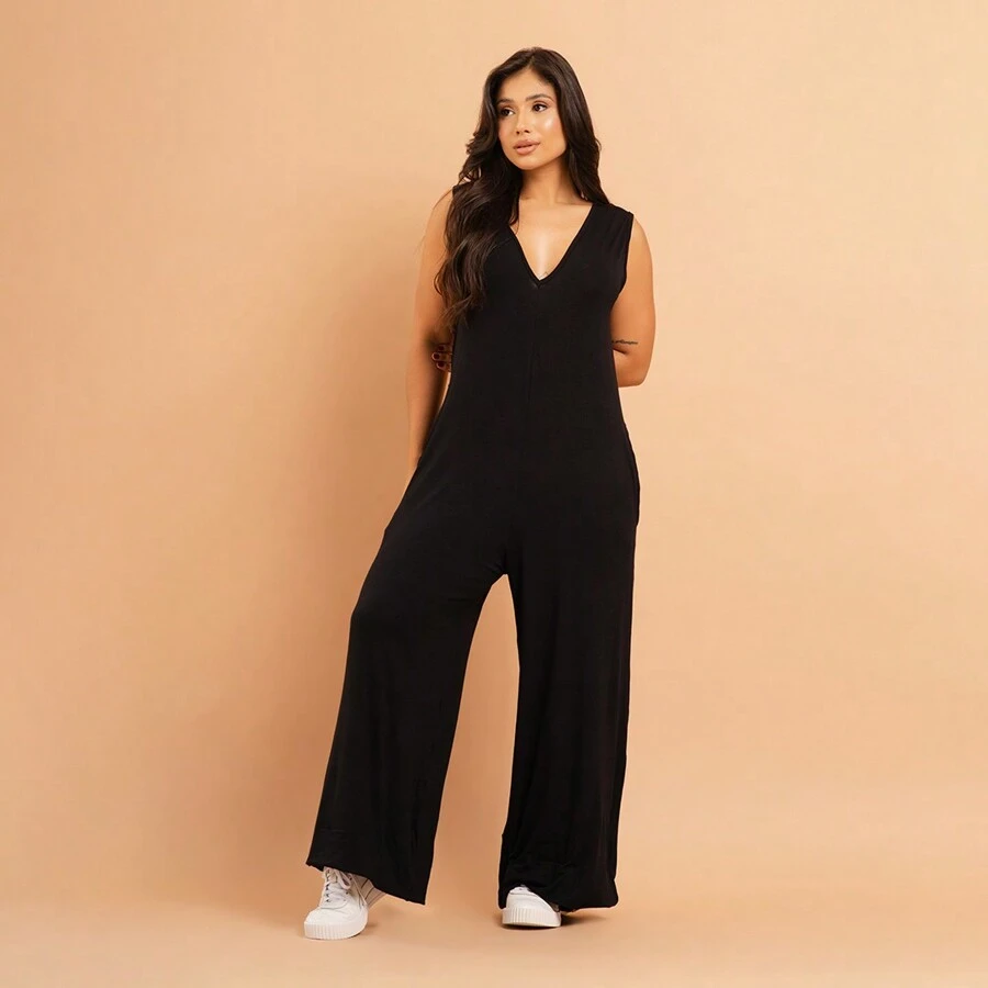 Dinelli Women's Long Jumpsuit Casual Tank Top With Pockets - Black - View 1