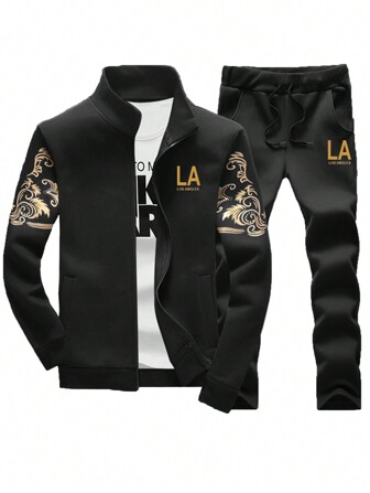 2pcs Boyfriend Style Men's New Casual Sweatshirt And Sports Jacket Set, Spring Autumn