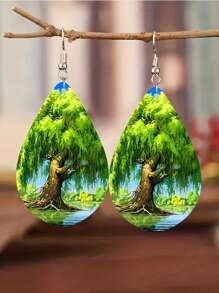 1pc Creative Life Tree Heart Design Women's Earrings With Double-Sided Waterdrop Shaped Artificial Leather Dangle, Fashionable And Unique Ear Jewelry For Festival And Suitable For Women Valentines