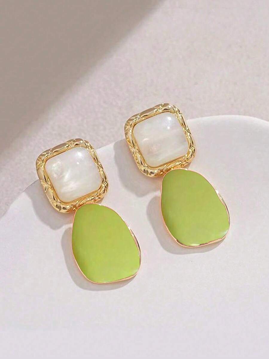 1 par de pendientes cuadrados asimétricos de color borgoña de moda y retro - Verde Lima - Ver 1