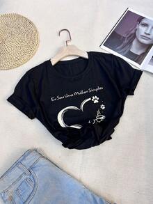 Women's T-Shirt Blouse Short Sleeve 100% Cotton Crew Neck Always With Heart Print - 黑色 - 查看 1