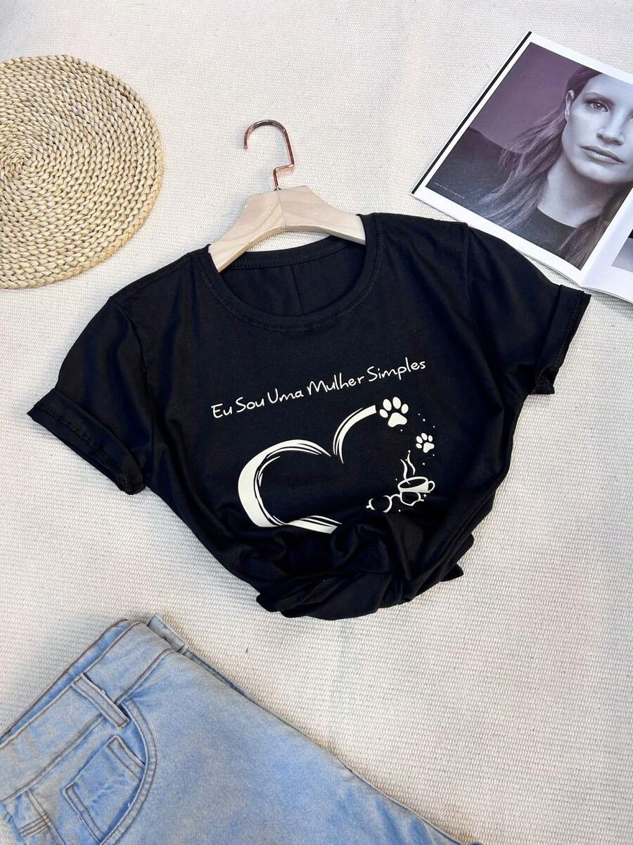 Women's T-Shirt Blouse Short Sleeve 100% Cotton Crew Neck Always With Heart Print - 黑色 - 查看 1