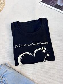 Women's T-Shirt Blouse Short Sleeve 100% Cotton Crew Neck Always With Heart Print - 黑色 - 查看 2