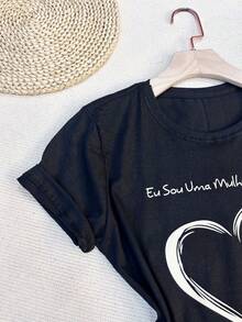 Women's T-Shirt Blouse Short Sleeve 100% Cotton Crew Neck Always With Heart Print - 黑色 - 查看 3