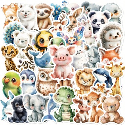 50pcs/Pack Watercolor Animals Turtles Dinosaurs Hedgehogs Waterproof DIY Creative Stickers, Laptop, Computer, Mobile Phone Case, Guitar, Desktop, Cup, Motorcycle, Car Accessories, Animal Stickers