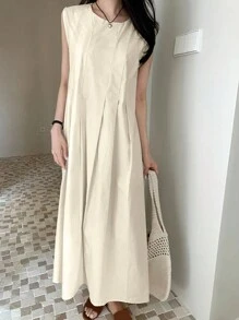 2025夏季纯色简约圆领百褶宽松无袖休闲连衣裙女 - 杏色 - 查看 5