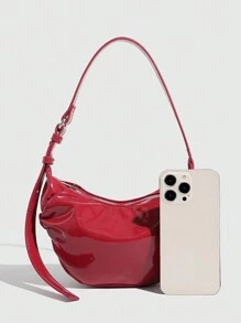 1个褶皱漆皮新月云朵形单肩包，女士斜挎包，新款高端时尚，个性化红色包包，褶皱椭圆形，休闲单肩包，腋下包，柔软皮革，适合手提和肩背 - 紅色 - 查看 4