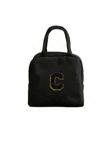 1个保温午餐包，手提袋，午餐盒，冰袋，野餐食品手提袋，刺绣字母图案午餐盒，帆布轻便便携午餐收纳袋，学校办公室野餐午餐手提袋（黑色），午餐盒午餐包，女士教师露营返校保冷包，教室便当厨房保温午餐包，女士旅行午餐盒包，女士学习用品配件 - 黑色 - 查看 23