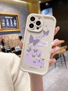 1pc Simple Purple Smoke Butterfly Pattern Fingerprint Resistant Microcrystalline Sand Phone Case Compatible With Apple///TECNO/Infinix/Vivo/OPPO - Beige - View 5