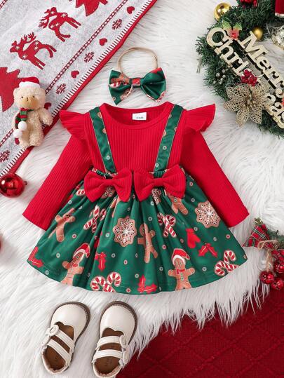 2pcs/Set Baby Girl Christmas Snowflake Candy Cane & Gingerbread Man Graphic Patchwork 2 In 1 Dress With Bowknot And Headband