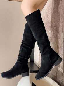 Women Fashion Boots Ideal With Cardigan, Women's Tall/Mid-Calf Boots, European & American Simple Style, Warm Elastic Boots, Versatile Low Heel Square Toe Western Cowboy Boots, Autumn & Winter, Plus Size,Wear With Corset