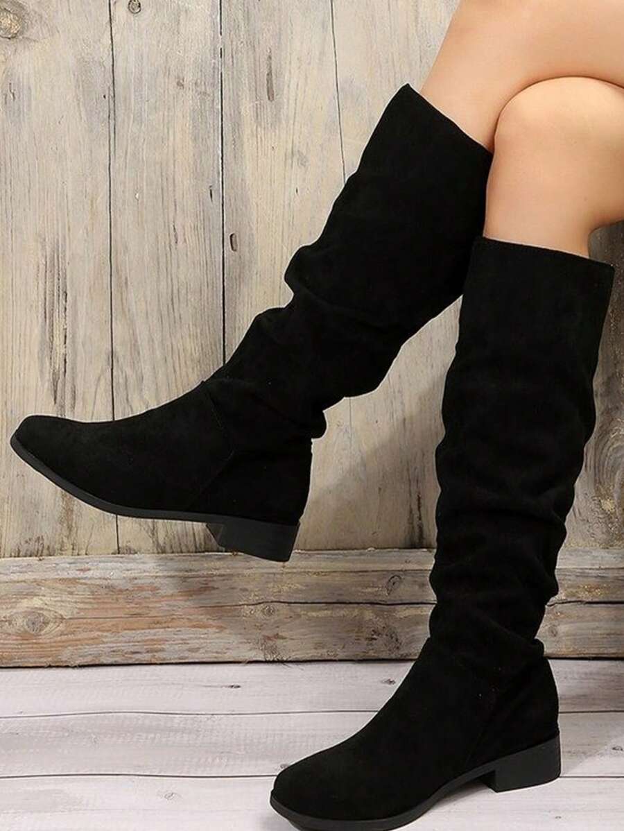 Women Fashion Boots Ideal With Cardigan, Women's Tall/Mid-Calf Boots, European & American Simple Style, Warm Elastic Boots, Versatile Low Heel Square Toe Western Cowboy Boots, Autumn & Winter, Plus Size,Wear With Corset