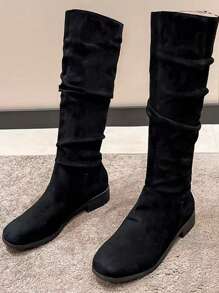 Women Fashion Boots Ideal With Cardigan, Women's Tall/Mid-Calf Boots, European & American Simple Style, Warm Elastic Boots, Versatile Low Heel Square Toe Western Cowboy Boots, Autumn & Winter, Plus Size,Wear With Corset