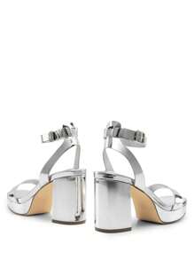 Women Chunky High Heeled Sandals, Adjustable Buckle Decor Ankle Strap Platform Sandals, Glamorous Open Toe Banquet Heeled Sandals, For School Party Prom, Wedding - Silver - View 6