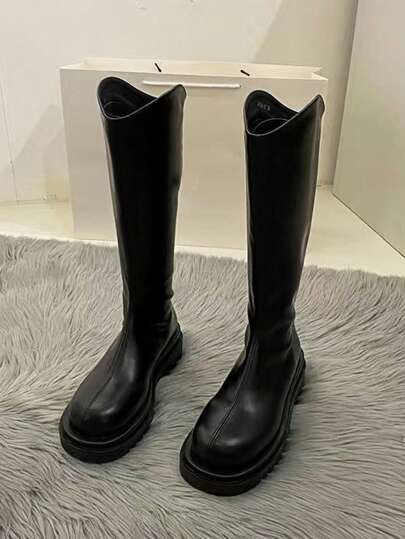 Fall/Winter 2024 New Thick Bottom Black Mid-Calf Boots Thick Leg Chunky Heel Riding Boots For Women,Knee High Boots