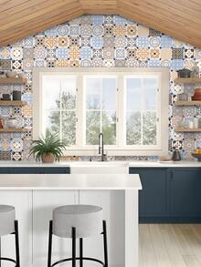 1 rollo Papel pintado autoadhesivo, pegatinas de azulejos de estilo marroquí, pegatinas de pared de cocina reforzadas a prueba de aceite, papel pintado para renovar muebles, papel pintado estético para decoración del hogar en cocina y baño 120 x 30 cm - Multicolor - Ver 2