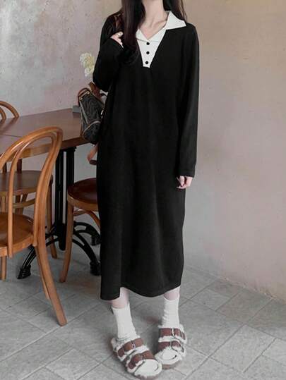 女式拼色长袖毛衣裙，秋冬款