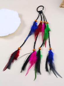 Mujer 1 pieza Goma de pelo tipo pañuelo de color al azar pluma & con diseño de cuenta de moda para vida diaria - Multicolor - Ver 3