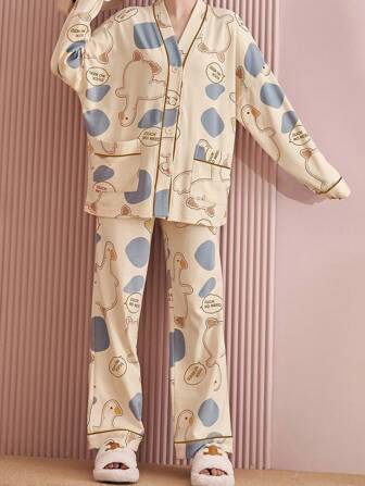 Autumn And Winter Cute Ladies Cardigan Long-Sleeved Pants Pajama Set, Cute Cartoon Duck Prints Comfortable Skin-Friendly Breathable Ladies Pajamas Two-Piece Set, Fall Clothes