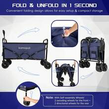 Collapsible Wagon Cart,Foldable Beach Wagon, Folding Wagon For Sand.Utility Cart For Yard/Sports.220lb Heavy Duty W/Cupholders & Big DIY Wheels (Black) - 4-wide-wheel Dark Blue - View 2
