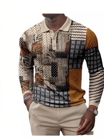 Men's Spring And Summer Long Sleeved Patchwork Printed Polo Collar Top