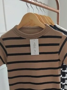 Luxury Modal High Elasticity Short Sleeve Striped Blouse - 米色 - 查看 2