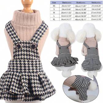 Ropa para mascotas, nuevo conjunto a juego tipo peto (mono con vestido de tirantes y pantalones), estampado de pata de gallo clásico, con botones de madera pequeños, adecuado para perros pequeños