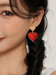 1 对时尚珐琅电镀双心形吊坠耳环，适合女性日常、节日、派对和度假、礼品珠宝配饰 - 耳環 - 查看 5