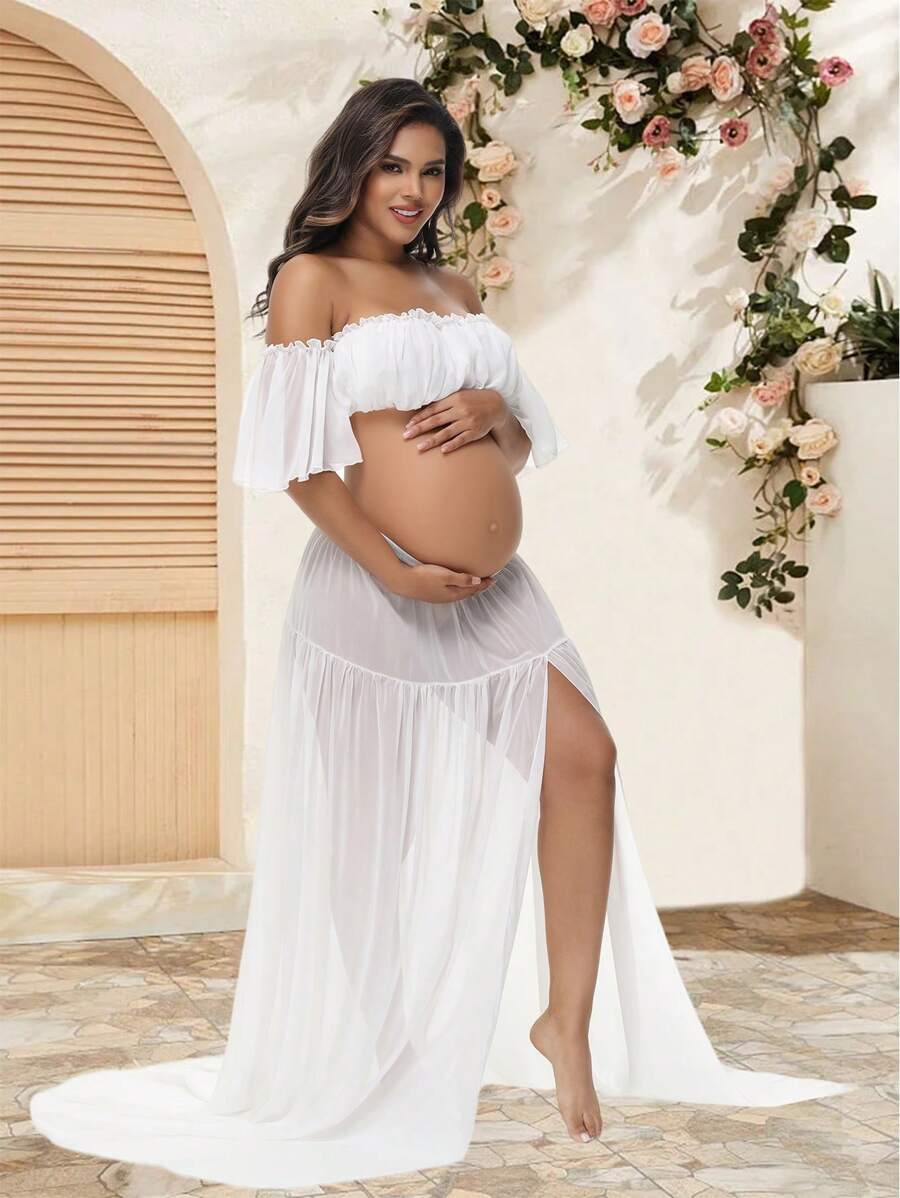 两件套孕妇装，雪纺无肩带荷叶袖上衣，开衩裙，适合拍照、迎婴派对及其他场合。 - 白色 - 查看 1