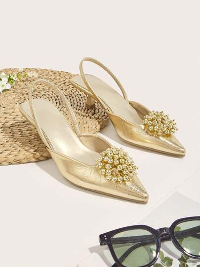 女士高跟鞋，新款春夏尖头凉鞋，优雅仿珍珠装饰女士小猫跟，细带穆勒鞋一脚蹬平底鞋，通勤休闲舒适低跟