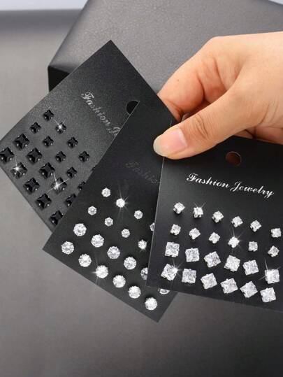 72pcs Simple Hip Hop/Rap Punk Chic Minimalist Geometric Round & Square Black Cubic Zirconia Shiny Stud Earrings Multi-Pack Set, For Holiday, Festival, Party, Daily Wear