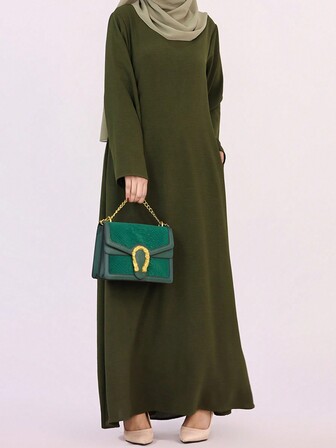 Women's Casual Solid Color Long Arabic Style Dress, Spring & Autumn, Modest