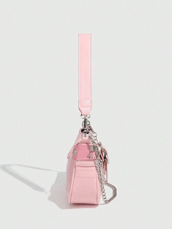 Y2K Fashionable Multi-Functional Star & Moon Design Unique Pink Chain Decor Crossbody Bag, Ladies Baguette Bag, Niche Design, Steampunk, Gothic, Ladies Bag, Cool Girl Streetwear, Music Festival, Party, Ladies Rock Style Bag Suitable For Girls'' Street Style, Celebrity Same Style Printed Female Shoulder Bag, Y2k Bag, Gothic Punk Bag For Women, 2000s Fashion Style Bag For Women, Halloween Purse Perfect For Fancy Party Halloween Fashion & Gothic Fashion, Best Halloween Gifts For Women