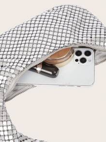 女士时尚金属腋下包，闪亮手拿包，适合派对、夜总会、宴会、钻石铝箔手提包、晚装包 - 銀色 - 查看 6