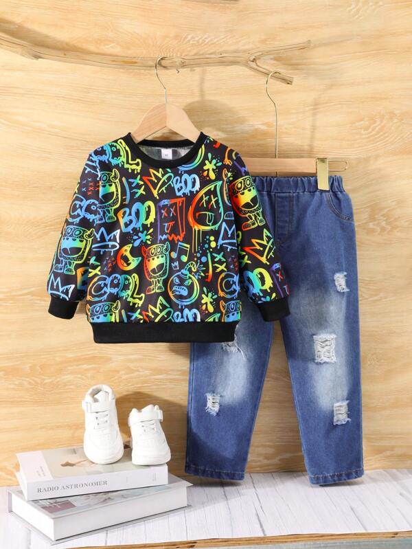 Boys Graffiti Print Sweatshirt & Ripped Denim Pants 2pcs Casual Sportswear Suit, Spring Autumn
