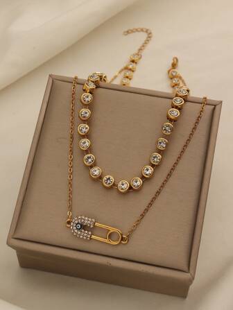 1pc Fashionable Retro Stainless Steel Diamond Devil Eye Pendant Multilayer Necklace, Suitable For Women's Daily Wear And Holiday Gifts, No Gift Box Included