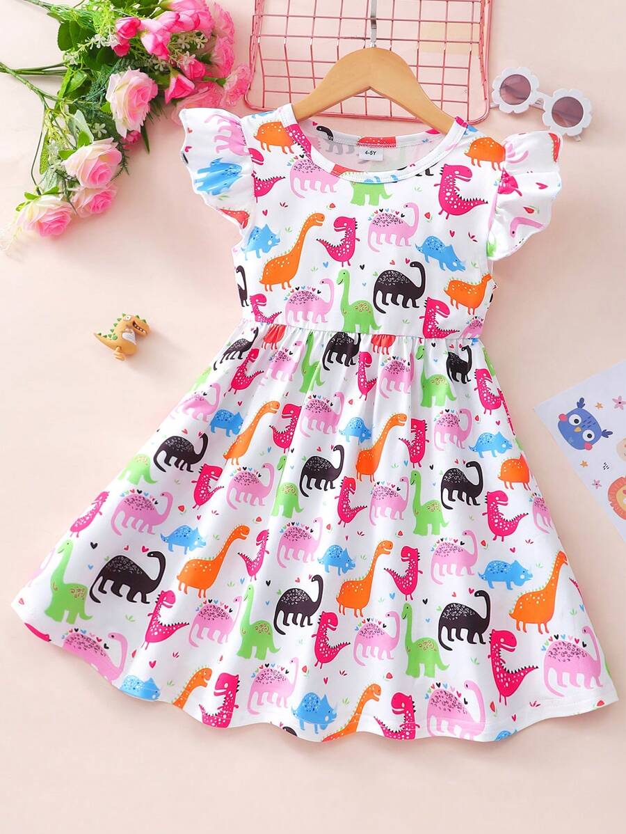 Vestido informal de manga corta con estampado todo sobre dinosaurios para niña joven - Blanco - Ver 1