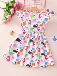 Vestido informal de manga corta con estampado todo sobre dinosaurios para niña joven - Blanco - Ver 2