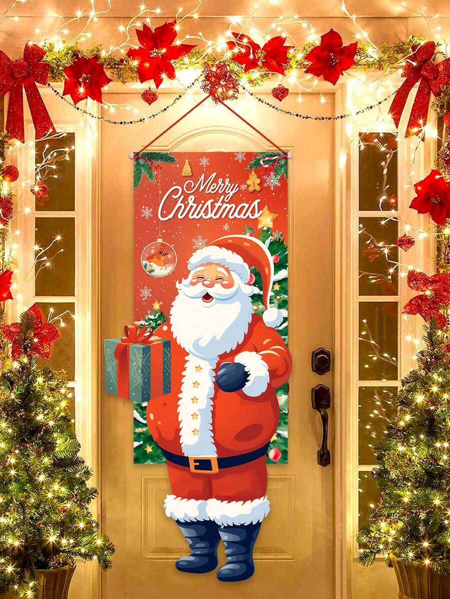 1pc 38.5x96cm Christmas Theme Polyester Hanging Flag, Vividly Displaying A Gnome Wearing A Red Polka Dot Hat, Suitable For Christmas Holiday Door Frame Decoration, Garden Flag Decoration, Living Room Decoration, Polyester Material, The Cute Gnome Holding A Gift, Surrounded By Snowflakes, Paired With A Festive Red Background And The Prominent "MERRY CHRISTMAS" Text. - Santa Claus - View 1