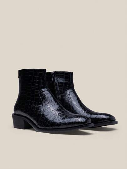 Botas para hombre para otoño/invierno, botas de moda con estampado de cocodrilo y cremallera lateral, botas de vestir de tacón alto para hombre, botas altas de uso diario resistentes a todo tipo de clima para hombre, botas de tobillo formales de cuero para hombre