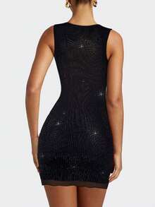Black Double Mesh Rhinestones Square Neck Bodycon Dress - Black - View 2