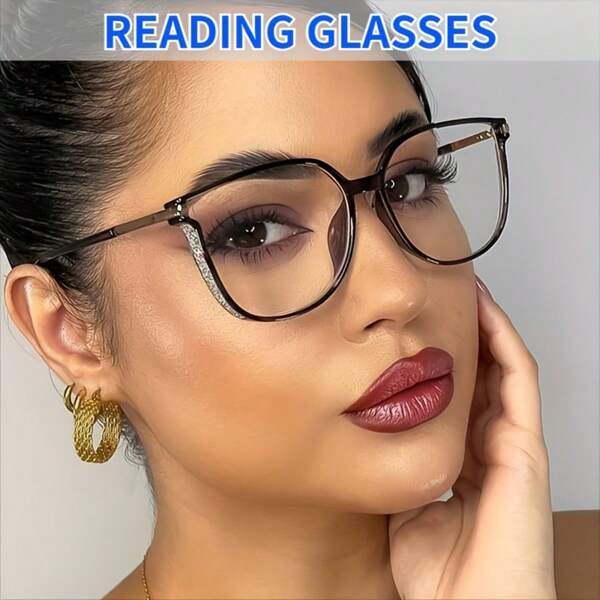 cabecade Flash Rhinestone Large Frame Glasses Reading Blue Light Blocking Glasses Men's Women's Square Frame Anti-Eye Fatigue Reading Computer Glasses +1.0 To +4.0 Accessories For Women Glasses