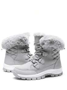 Women's Snow Boots Cozy Warm Insulated Lace Up Mid-Calf Waterproof Walking Hiking Festival Outdoor Grey Boots - 淺灰色 - 查看 6