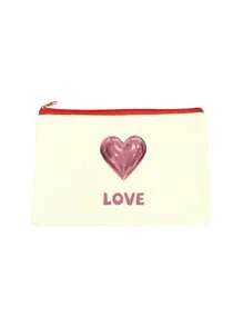 1pc Heart-Shaped Silkscreen Printed Personalized Cosmetic Pouch, Red Zipper, Customizable With Name, Holiday Phrases Or Other Info, Double-Sided Printing, Simple Yet Stylish Design
